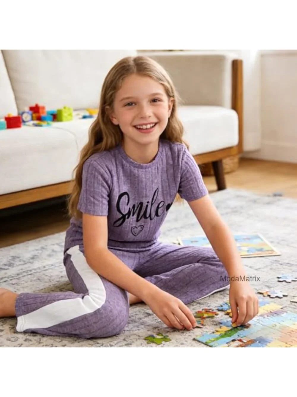 Girls 2-Piece Outfit Smile Graphic Short Sleeve Top & Flared Pants Set 8-13Y
